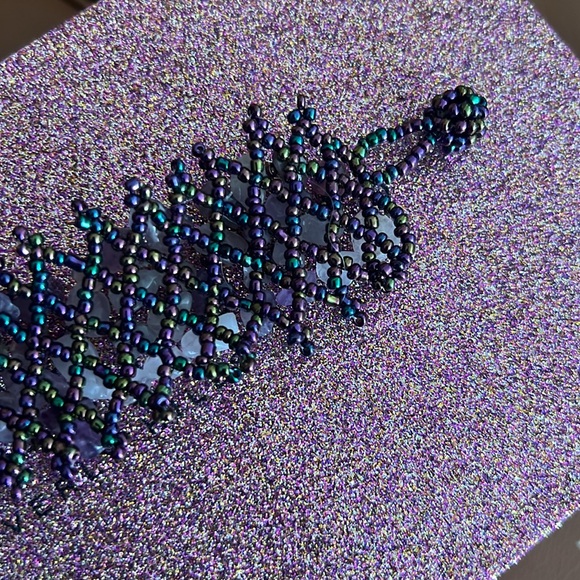 Genuine Amethyst and Borealis Seed Beaded Adjustable Cuff Bracelet - Picture 7 of 9